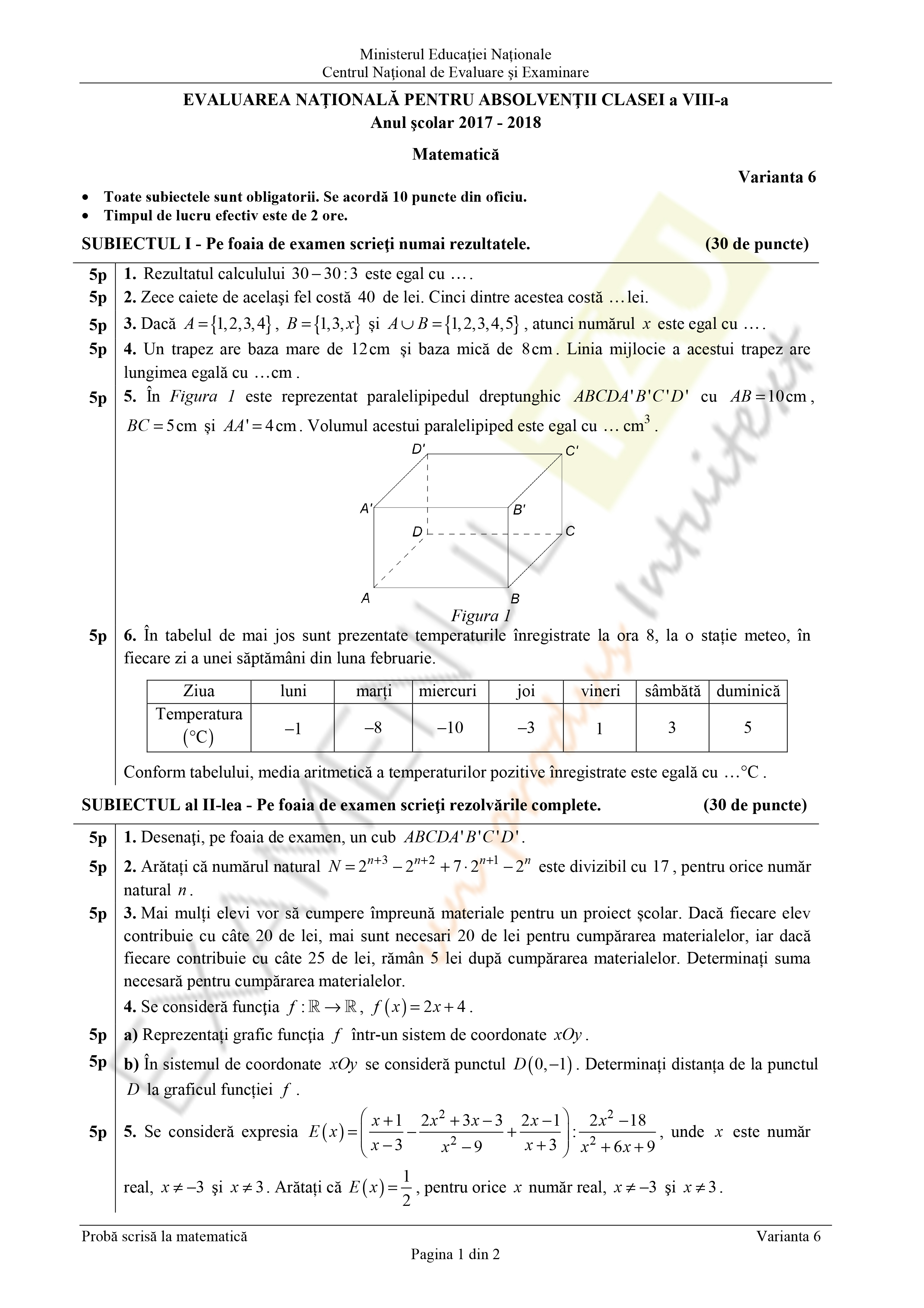 Subiecte Matematica - Evaluare Nationala, clasa a VIII-a, 2018