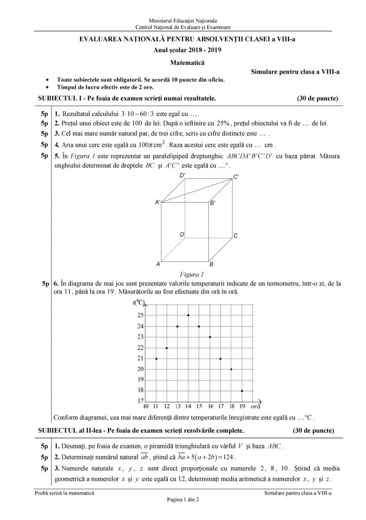 Subiecte Simulare - Evaluare Nationala 2019 - Proba La Matematica ...